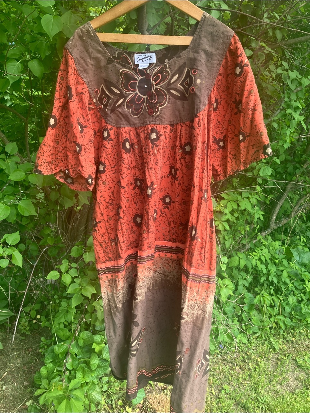 Vintage Orange and Brown Floral Midi Dress made In India 1x